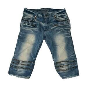 Robin’s Jeans Denim Studded Bermuda Shorts Raw Hem Size 32
